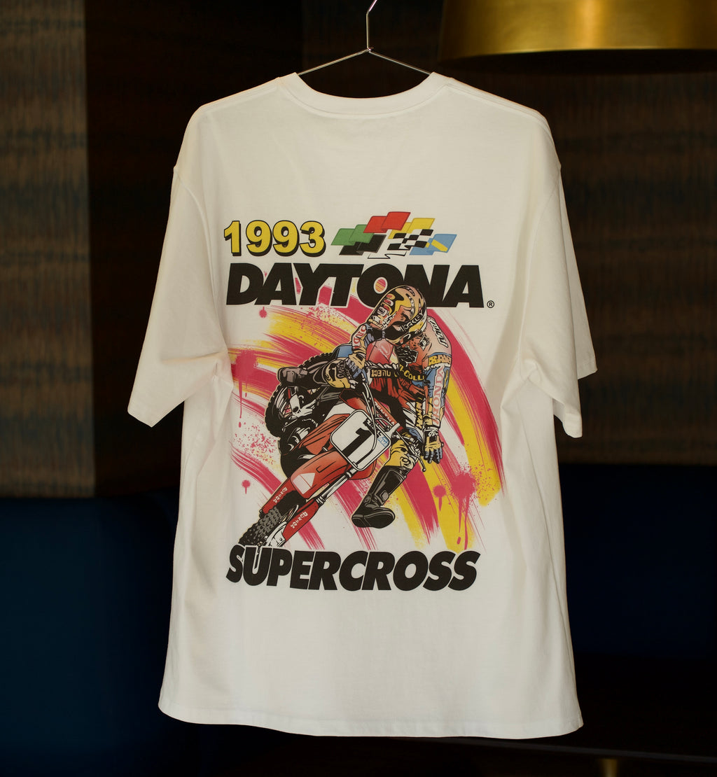 White t-shirt with 1993 Daytona Supercross graphic design on a hanger.