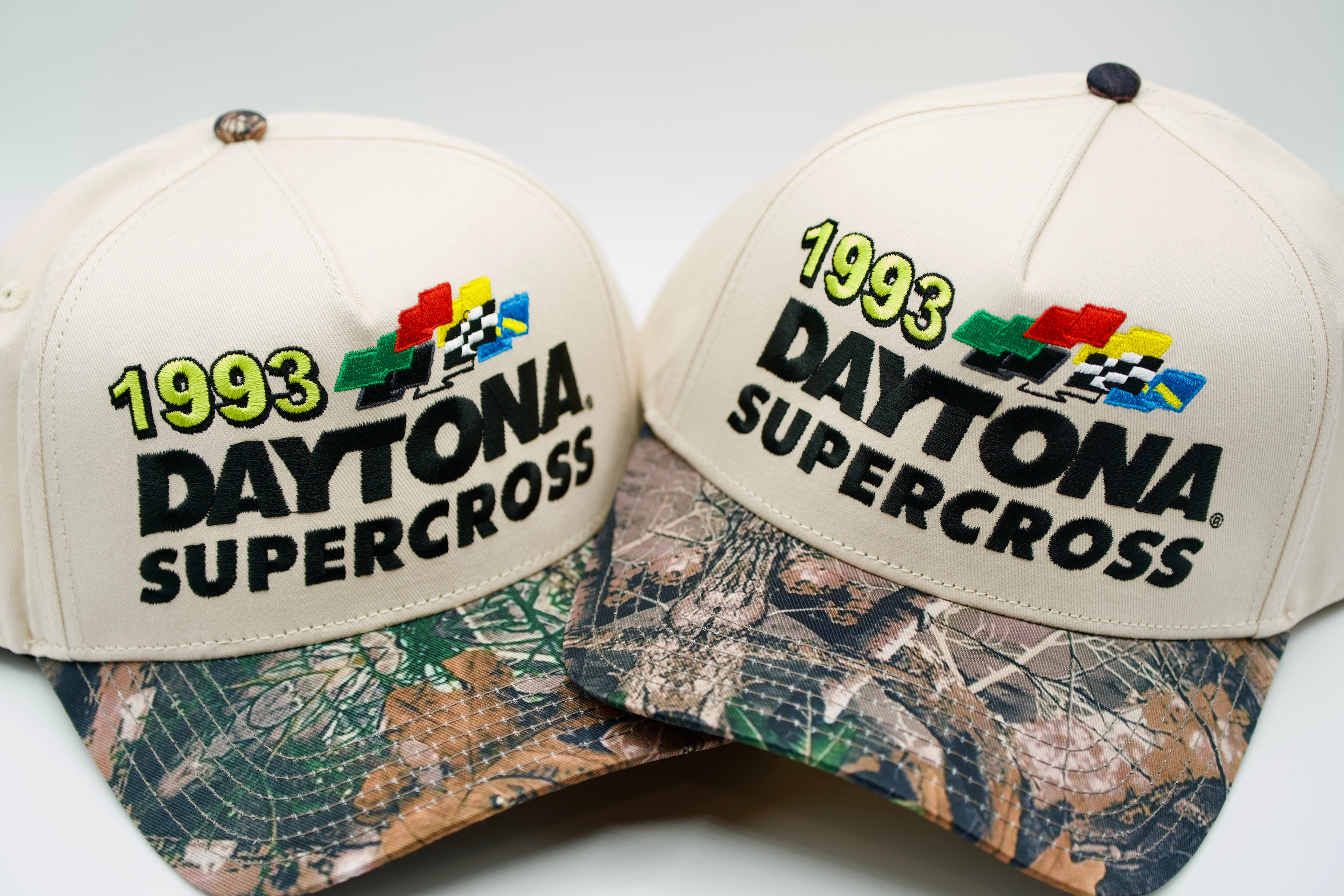 Retro 1993 motocross hat with a camo brim
