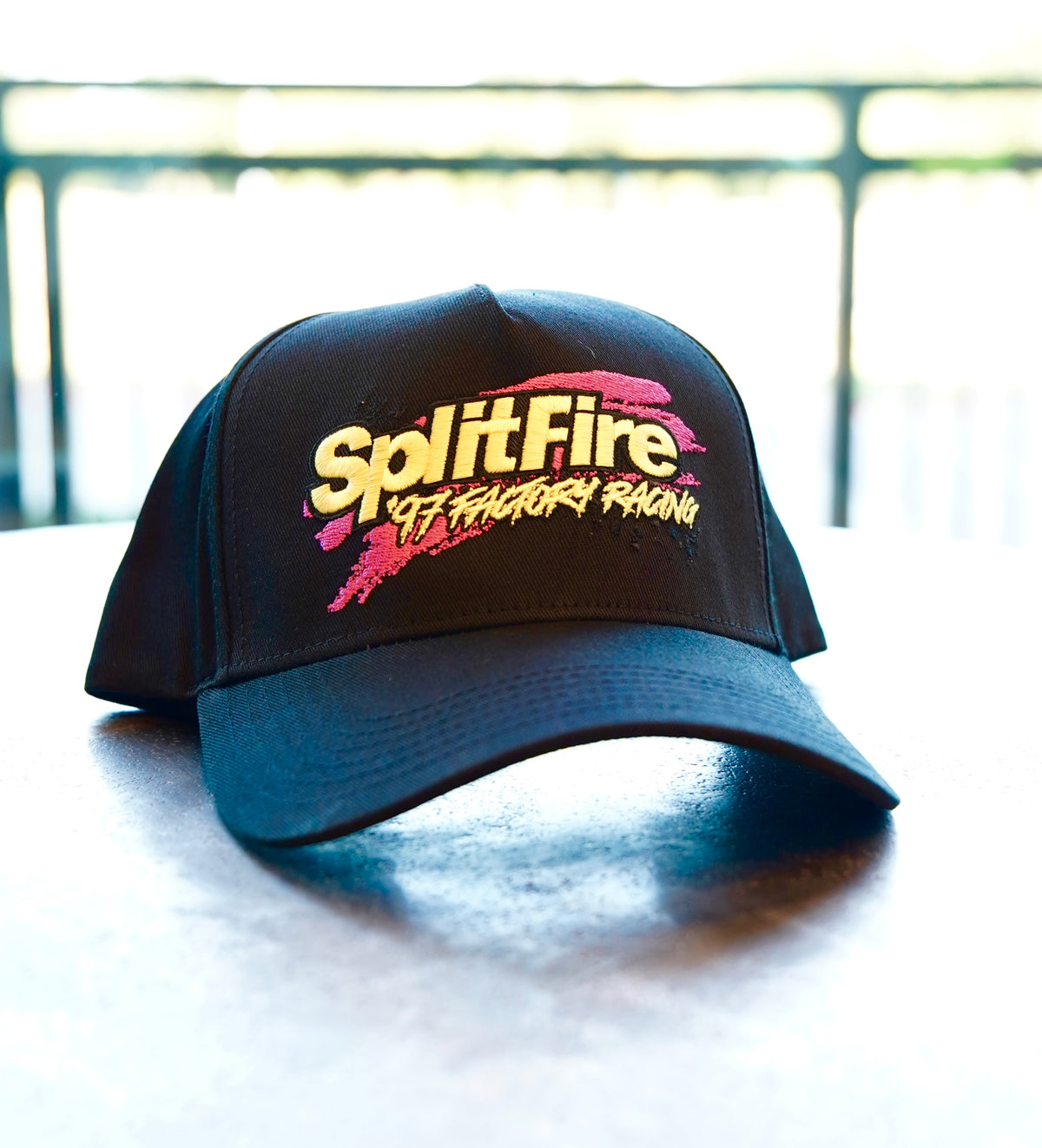 Splitfire Spark Plugs Kawasaki Factory Race Team vintage inspired hat in black color.