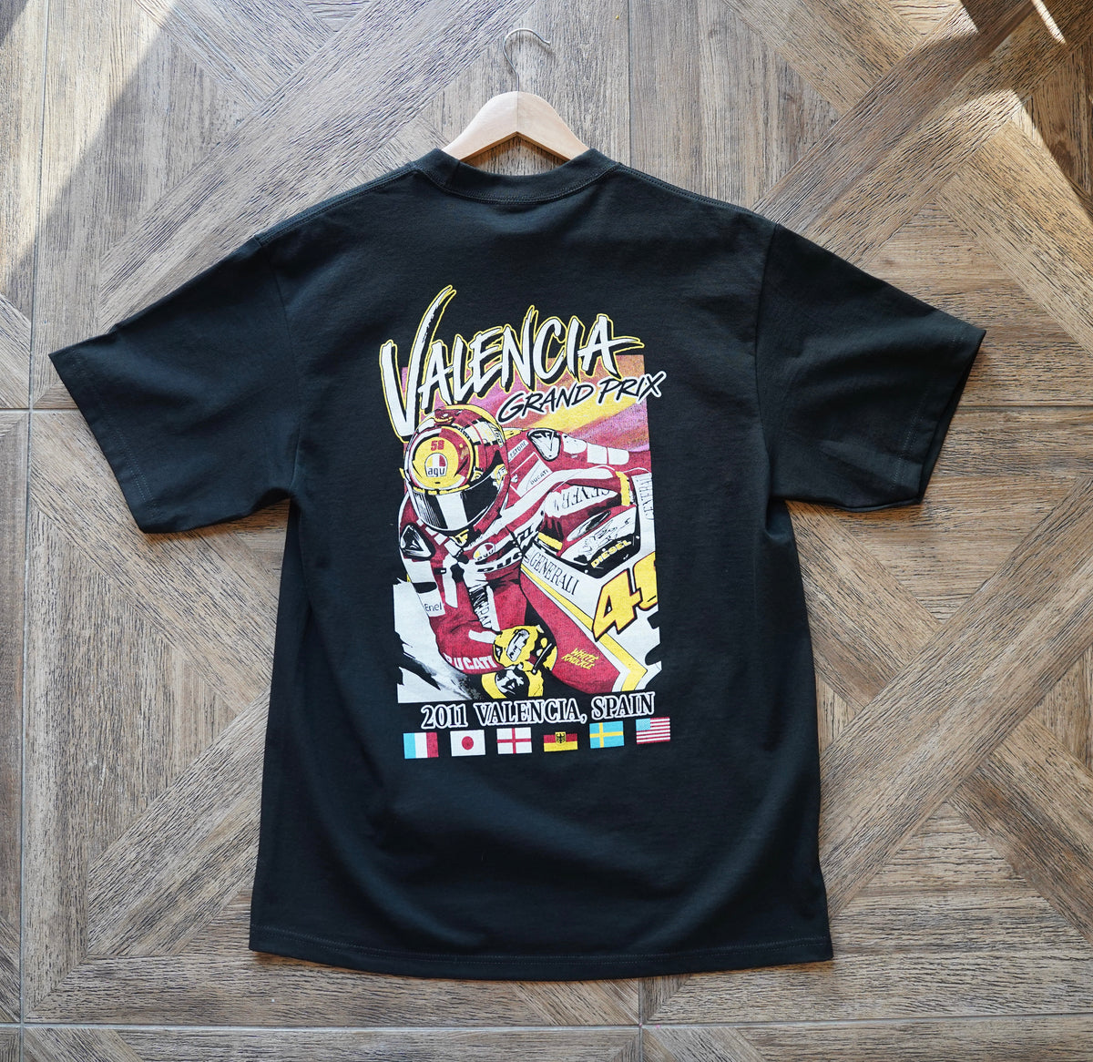 Vintage inspired Valencia MotoGP shirt featuring Valentino Rossi