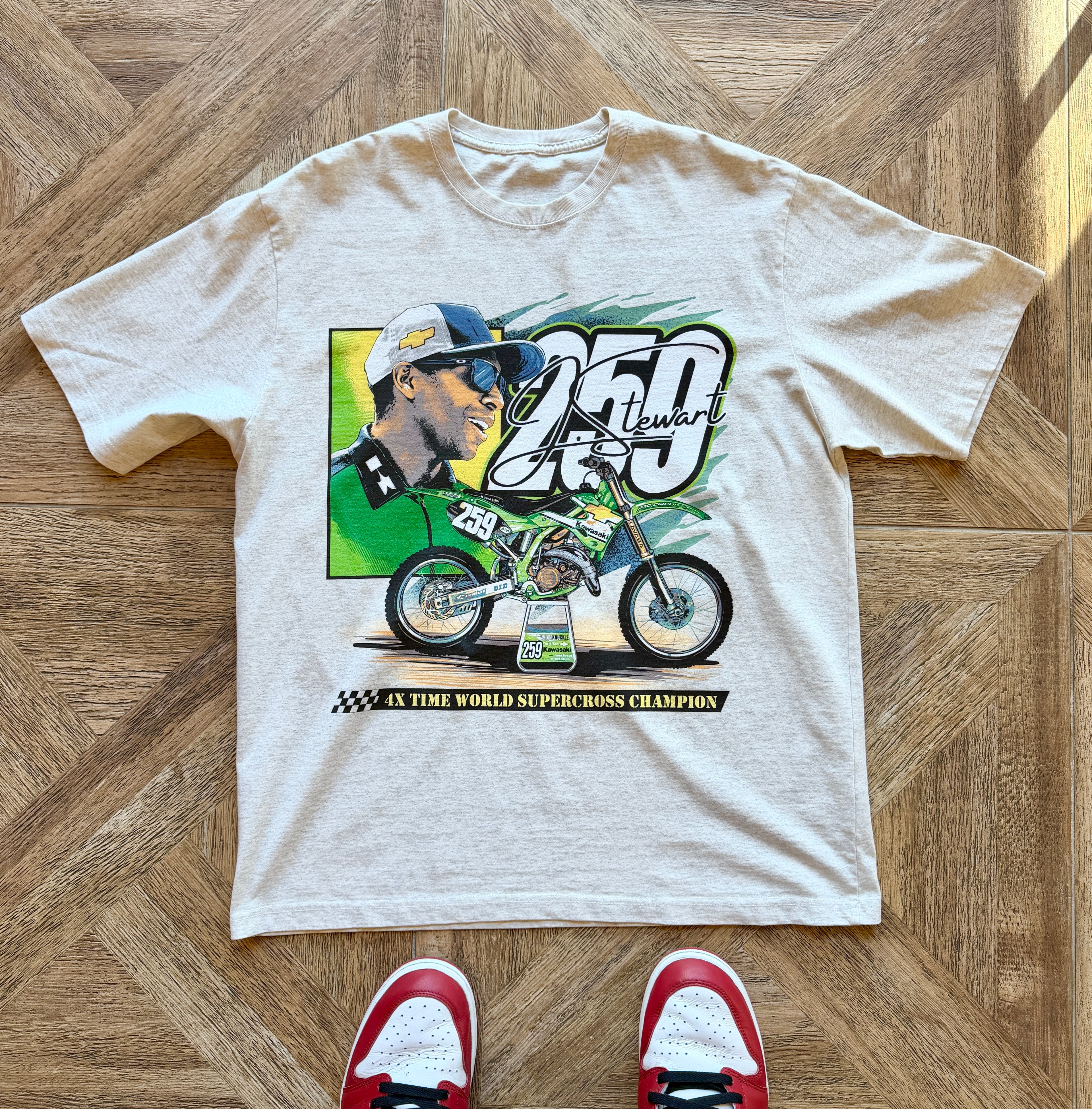 James Stewart vintage style Kawasaki KX250 racing shirt.