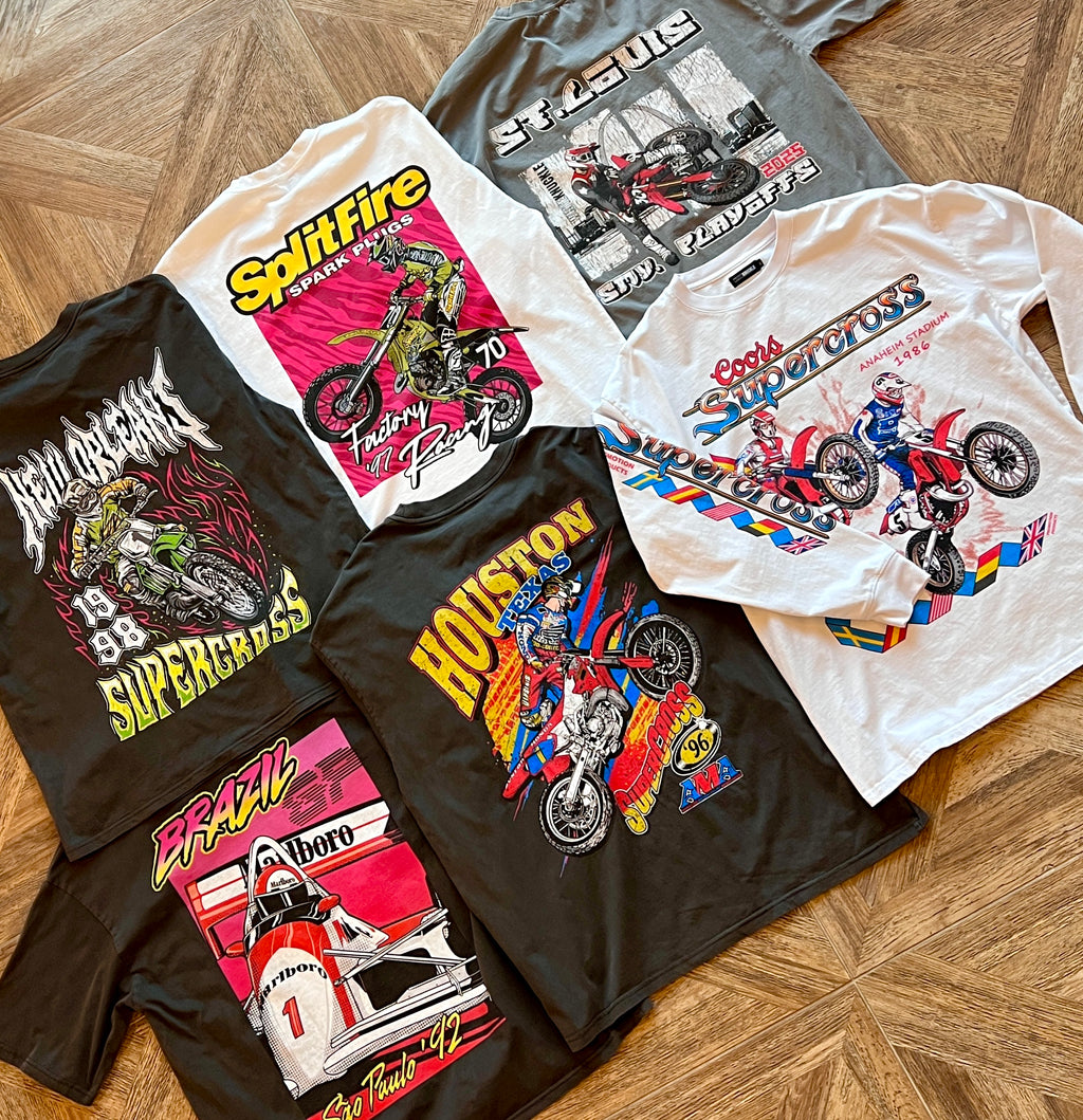 Short and long sleeve vintage supercross racing shirts.