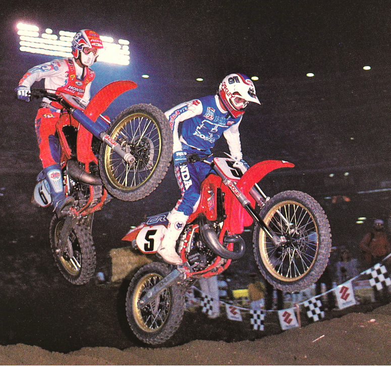 Rick John and David Bailey 1986 Anaheim Supercross race photo.