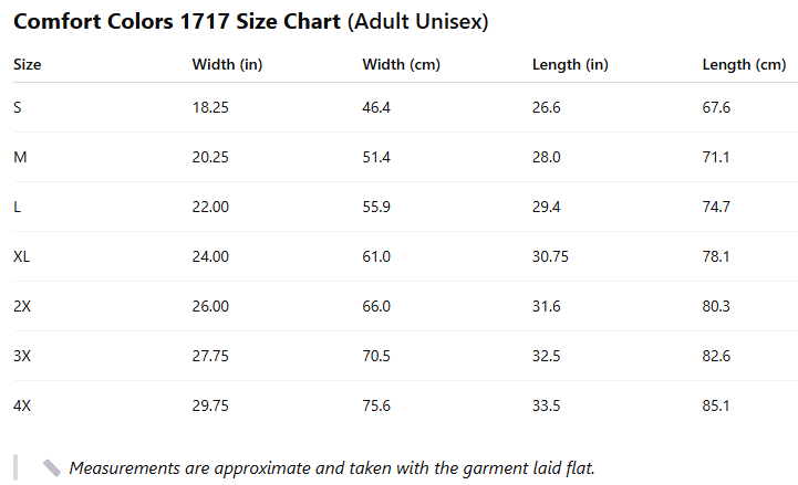 Comfort colors size guide.