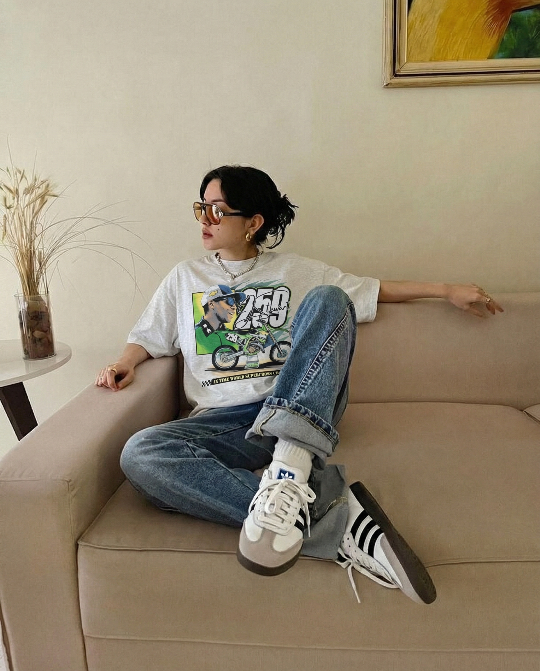 Women's fashion wearing a vintage motorcyle racing oversized shirt.