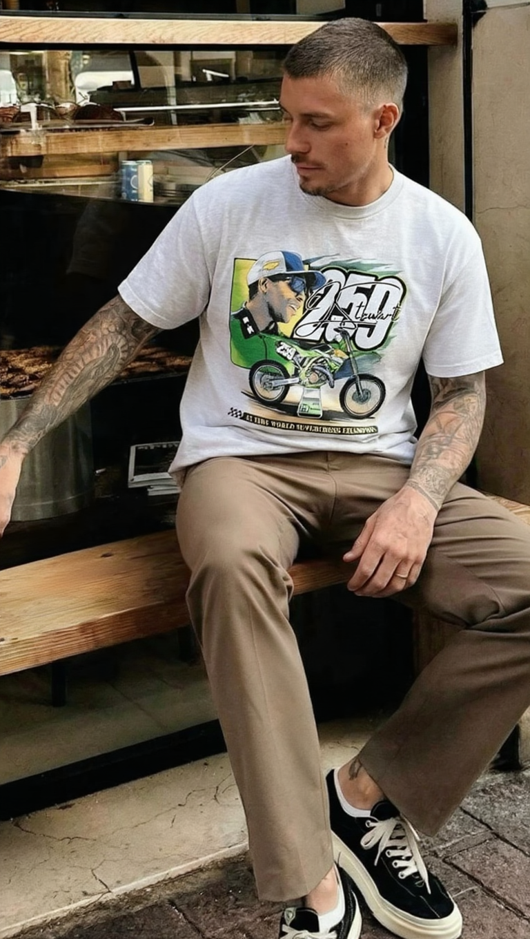 Men's streetwear fashion with a vintage James Stewart racing shirt.