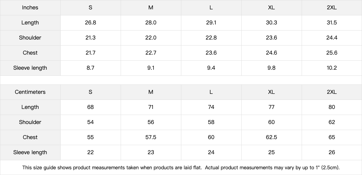 Motocross shirts size guide.